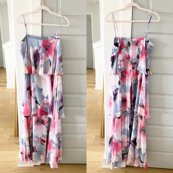 New Aidan Mattox Floral Tiered Square Neck Maxi Dress - Picture 3 of 7
